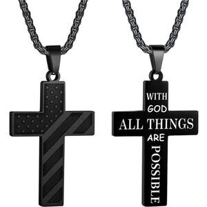 BLACK American Flag GOD Cross Necklace Men Stainless Steel Box Chain 22+2 inch